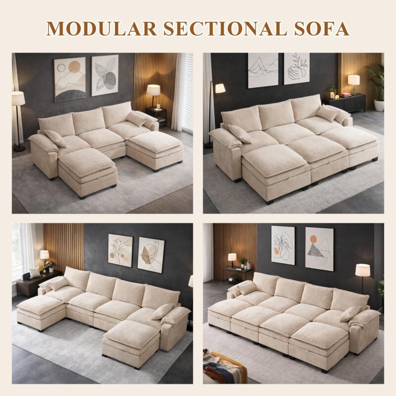 108" Sectional Couches for Living Room, U Shaped Cloud Couch Sectional with Ottoman Storage, Modular Sectional Sofa with Pillow, Deep Seater Sofa for Living Room (Beige, 3 Seater with 2 Ottoman) - Image 9