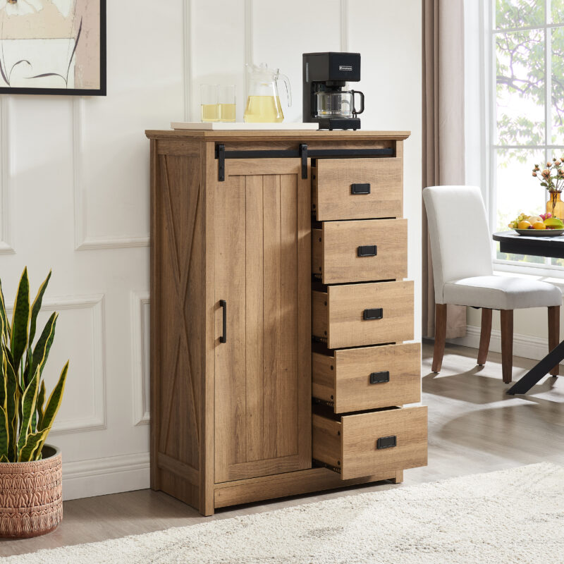 5 Drawers Dresser w/Sliding Barn Door, Farmhouse Modern Tall Dresser 5 Chest of Drawers, Storage Organizer Dresser for Bedroom, Hallway, Living Room, Kids Room WHITE - Image 8