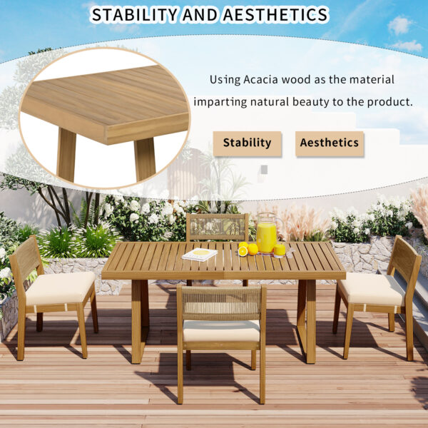 U_Style Multi-person Outdoor Acacia Wood Dining Table and Chair Set, Thick Cushions, Suitable for Balcony, Vourtyard, and Garden
