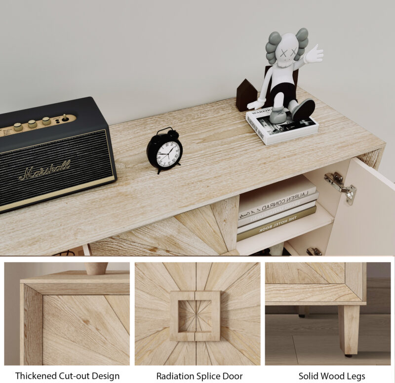 60" Premium Rustic American Farmhouse Credenza in Elegant Black - Symmetrical Sunburst Door Design, Heavy-Duty TV Stand with Adjustable Shelves, Black Wood Storage Cabinet - Image 3