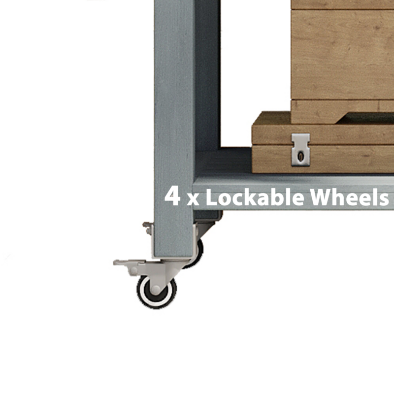 K&K 64.9"H Outdoor Potting Bench Table with Lockable Wheels, Solid Wood Outdoor Kitchen Island with Upper Hutch, Stainless Steel Top, Towel Rack ,Outdoor Storage for Grilling, Lawn Garden -Grey Blue - Image 18