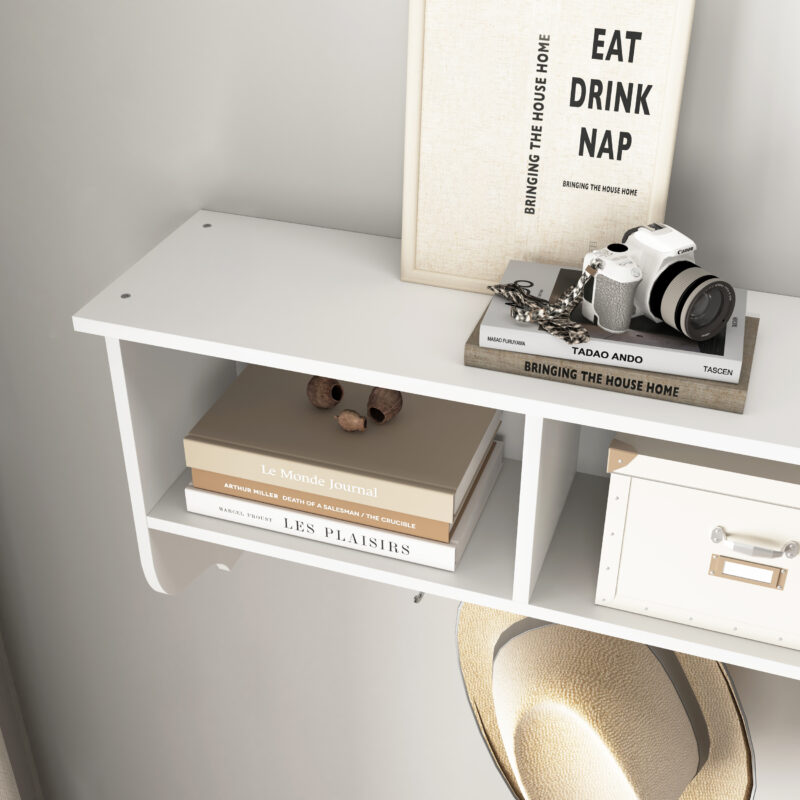 White Entryway Wall Mounted Coat Rack with 4 Dual Hooks Living Room Wooden Storage Shelf - Image 7