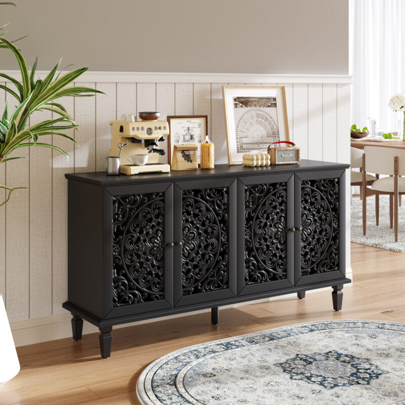 60" Antique Buffet Cabinet with Floral Carvings with Solid Wood Legs&Antique Brass Handles&Adjustable Shelves, TV Stand for 65''+ TV, Sideboard for Living Room,Dining Room (Black) - Image 9