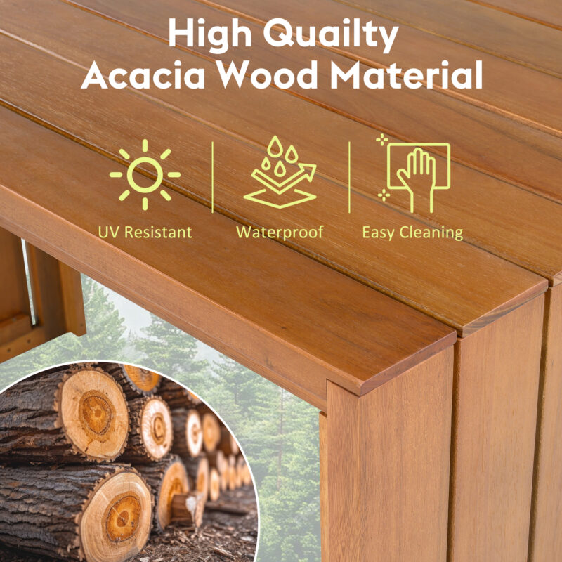 5 Piece Outdoor Bar Set, Patio Acacia Wood Bar Height Table & Four Stools with Cushions, Wood Dining Bar Set for Backyard, Poolside, Balcony, Beige Cushion and Natural Wood - Image 4