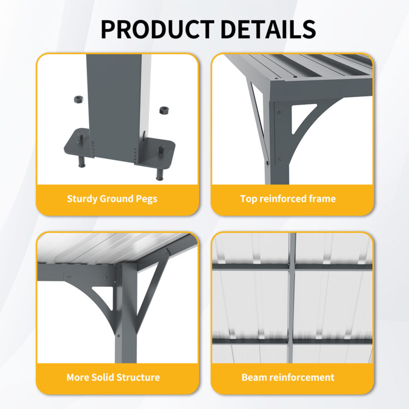 Outdoor Pergola 8' x 10' Metal Inclined Roof Pergolas Waterproof Wall-mounted iron sheet shed Gazebo for Patio,Garden,Yard - Image 5