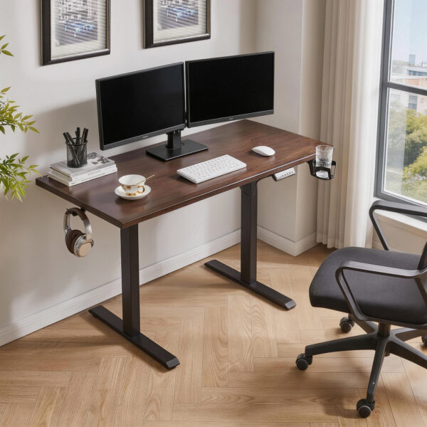 Solid Rubberwood Electric Standing Desk, Adjustable Height Sit Stand Desk with Single Motor, Ergonomic Home Office Desk with 2-Tier Legs