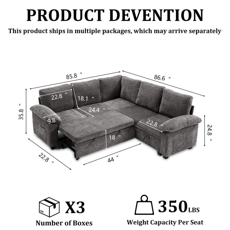 HOMYEDAMIC L Shaped Sectional Sleeper Sofa with Pull Out Bed, 5 Seat Modular Chenille Couch with Storage, Modern Convertible Sofa Bed, Sectional Couches for Living Room, Apartment, Gray - Image 7