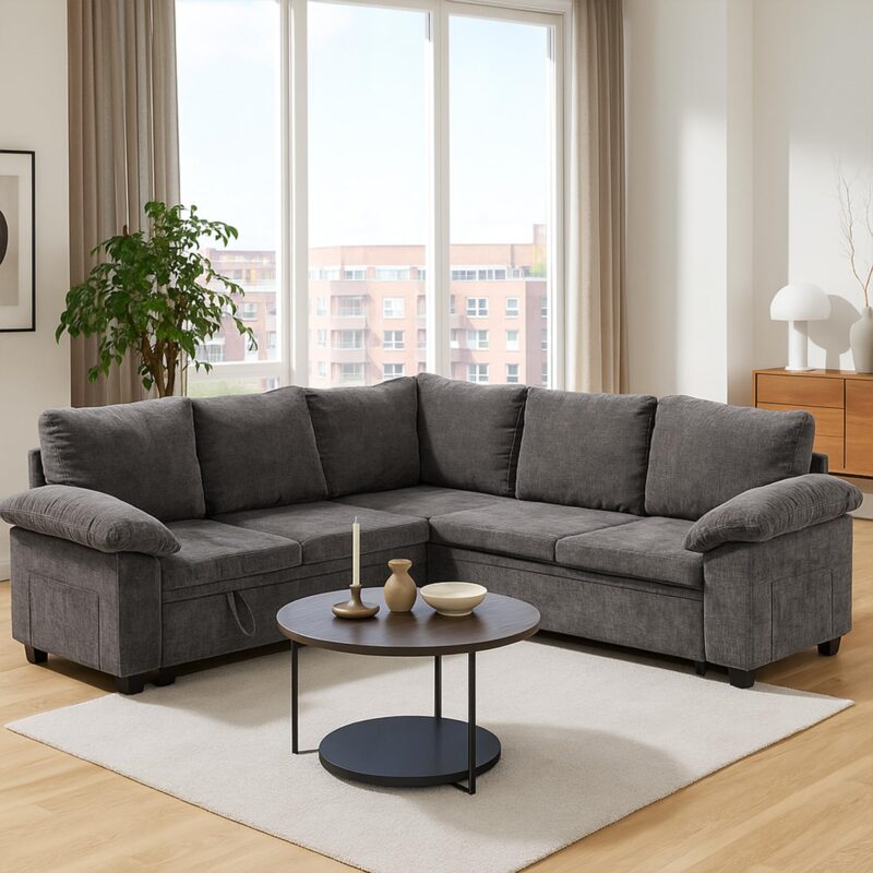 HOMYEDAMIC L Shaped Sectional Sleeper Sofa with Pull Out Bed, 5 Seat Modular Chenille Couch with Storage, Modern Convertible Sofa Bed, Sectional Couches for Living Room, Apartment, Gray - Image 2