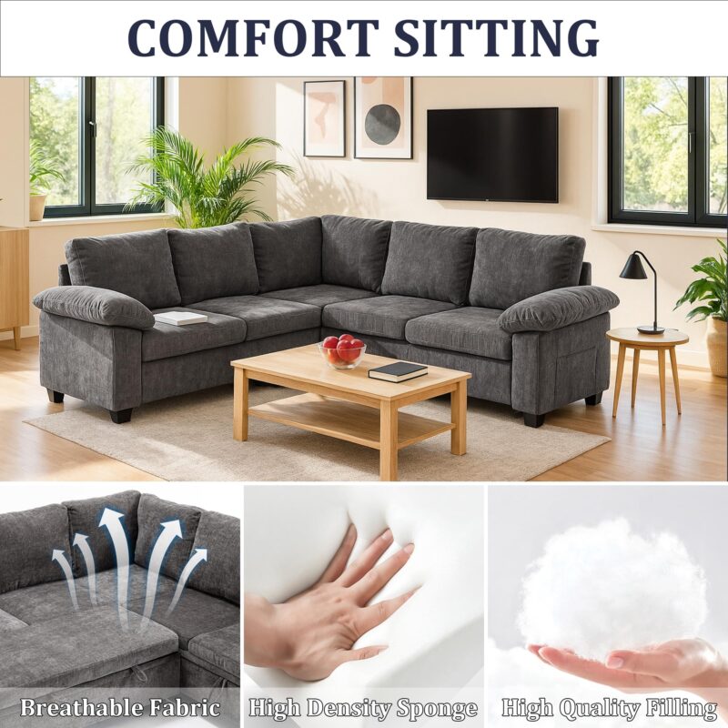 HOMYEDAMIC L Shaped Sectional Sleeper Sofa with Pull Out Bed, 5 Seat Modular Chenille Couch with Storage, Modern Convertible Sofa Bed, Sectional Couches for Living Room, Apartment, Gray - Image 3