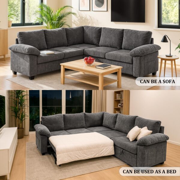HOMYEDAMIC L Shaped Sectional Sleeper Sofa with Pull Out Bed, 5 Seat Modular Chenille Couch with Storage, Modern Convertible Sofa Bed, Sectional Couches for Living Room, Apartment, Gray
