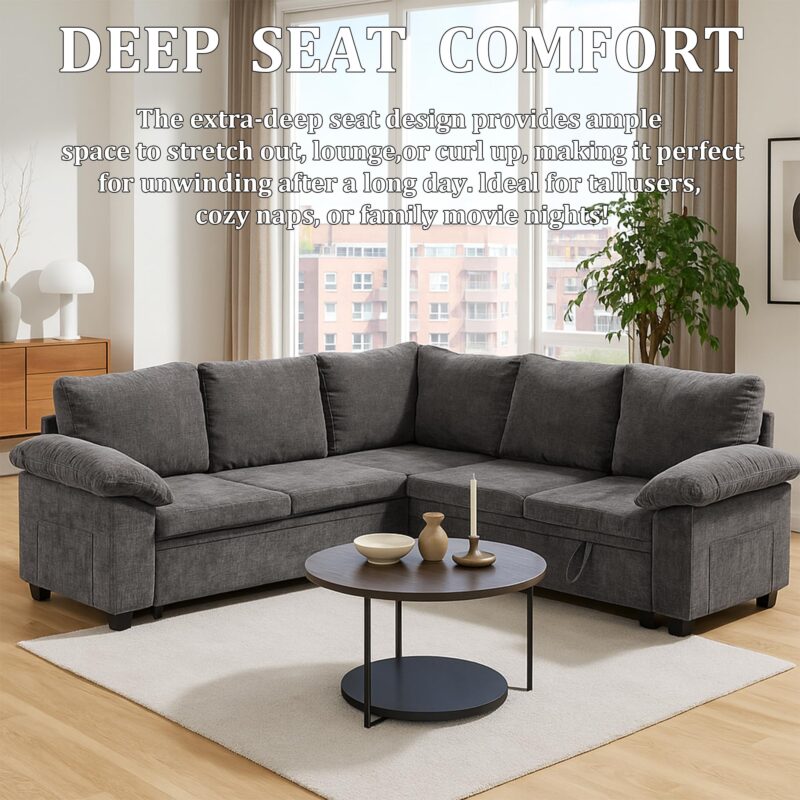 HOMYEDAMIC L Shaped Sectional Sleeper Sofa with Pull Out Bed, 5 Seat Modular Chenille Couch with Storage, Modern Convertible Sofa Bed, Sectional Couches for Living Room, Apartment, Gray - Image 6