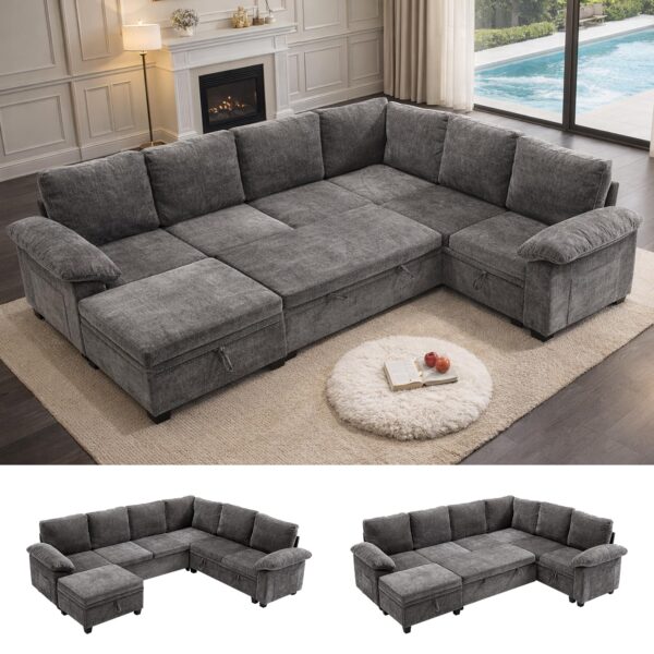 HOMYEDAMIC L Shaped Sectional Sleeper Sofa with Pull Out Bed, 7 Seat Modular Chenille Couch with Storage, Modern Convertible Sofa Bed, Sectional Couches for Living Room, Apartment, Gray