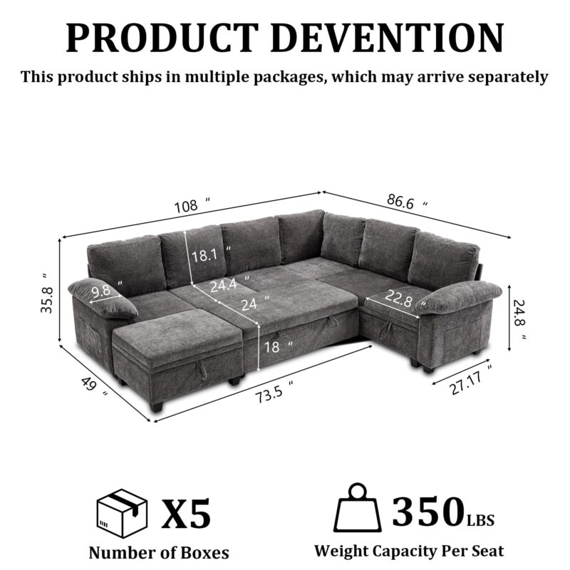 HOMYEDAMIC L Shaped Sectional Sleeper Sofa with Pull Out Bed, 7 Seat Modular Chenille Couch with Storage, Modern Convertible Sofa Bed, Sectional Couches for Living Room, Apartment, Gray - Image 2