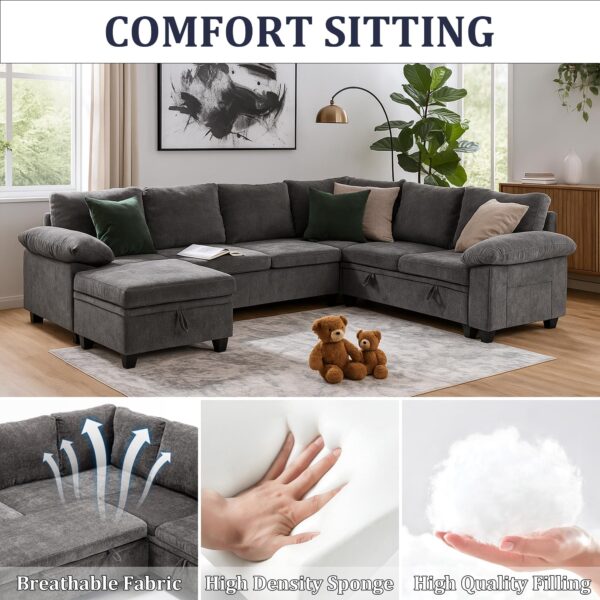 HOMYEDAMIC L Shaped Sectional Sleeper Sofa with Pull Out Bed, 7 Seat Modular Chenille Couch with Storage, Modern Convertible Sofa Bed, Sectional Couches for Living Room, Apartment, Gray