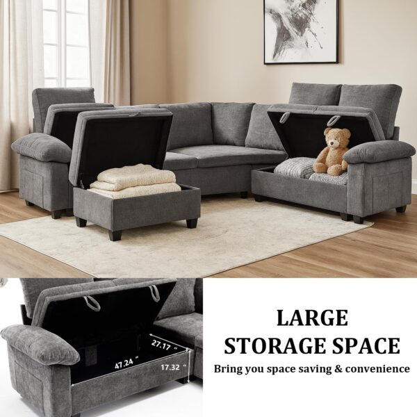 HOMYEDAMIC L Shaped Sectional Sleeper Sofa with Pull Out Bed, 7 Seat Modular Chenille Couch with Storage, Modern Convertible Sofa Bed, Sectional Couches for Living Room, Apartment, Gray