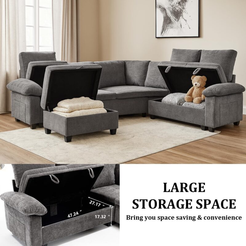 HOMYEDAMIC L Shaped Sectional Sleeper Sofa with Pull Out Bed, 7 Seat Modular Chenille Couch with Storage, Modern Convertible Sofa Bed, Sectional Couches for Living Room, Apartment, Gray - Image 4