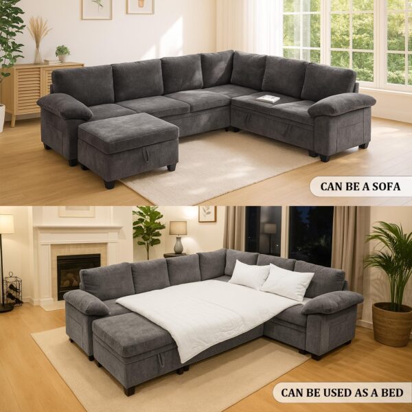 HOMYEDAMIC L Shaped Sectional Sleeper Sofa with Pull Out Bed, 7 Seat Modular Chenille Couch with Storage, Modern Convertible Sofa Bed, Sectional Couches for Living Room, Apartment, Gray