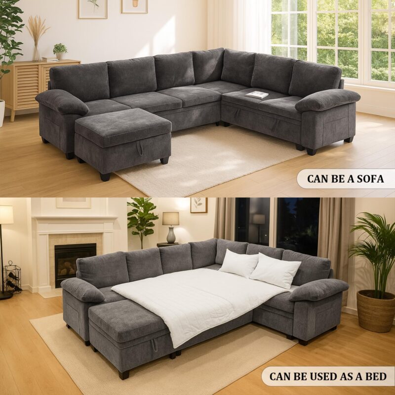 HOMYEDAMIC L Shaped Sectional Sleeper Sofa with Pull Out Bed, 7 Seat Modular Chenille Couch with Storage, Modern Convertible Sofa Bed, Sectional Couches for Living Room, Apartment, Gray - Image 5