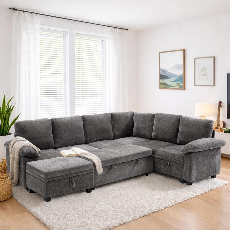 HOMYEDAMIC L Shaped Sectional Sleeper Sofa with Pull Out Bed, 7 Seat Modular Chenille Couch with Storage, Modern Convertible Sofa Bed, Sectional Couches for Living Room, Apartment, Gray - Image 8