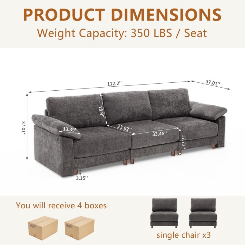 112'' L Shaped Sectional Couch for Living Room, Extra Deep Seat Modular Sectional Sofa with Washable Covers, 3-Seat Modern Cloud Couch for Apartment, Bedroom, Office, Gray - Image 8