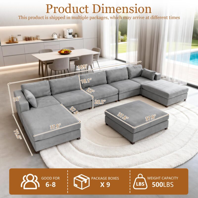 Oversized Modular Sectional Sofa, Extra Large Deep Seat Couch with Covers Removable, Modern Luxury Chenille Cloud Couch, Sectional Couches for Living Room, Apartment (Light Gray, 5 Seater+3 Ottoman) - Image 2
