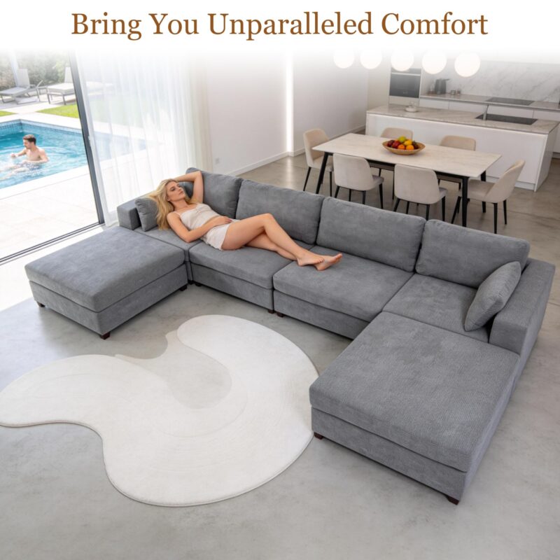 Oversized Modular Sectional Sofa, Extra Large Deep Seat Couch with Covers Removable, Modern Luxury Chenille Cloud Couch, Sectional Couches for Living Room, Apartment (Light Gray, 5 Seater+3 Ottoman) - Image 8