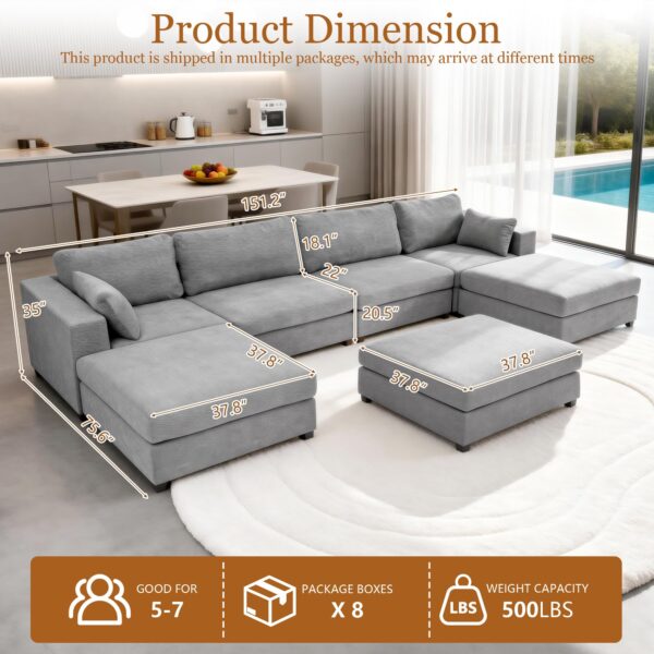 Oversized Modular Sectional Sofa, Extra Large Deep Seat Couch with Covers Removable, Modern Luxury Chenille Cloud Couch, Sectional Couches for Living Room, Apartment (Light Gray, 4 Seater+3 Ottoman)