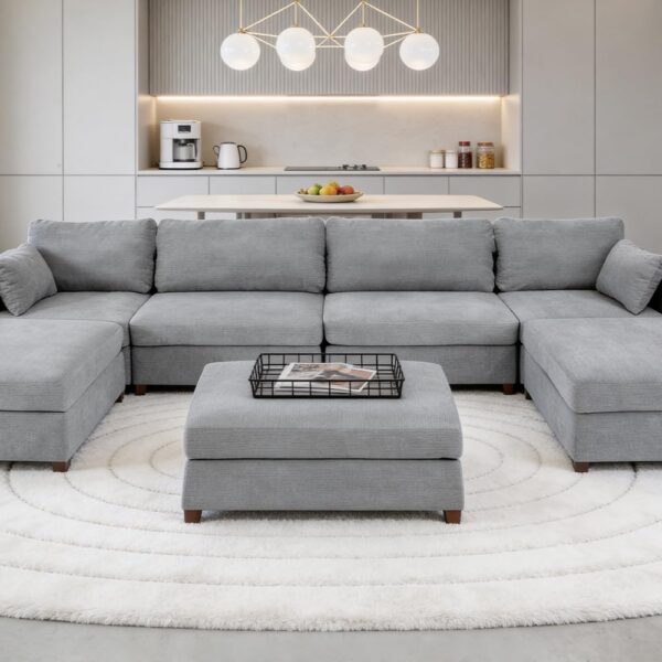 Oversized Modular Sectional Sofa, Extra Large Deep Seat Couch with Covers Removable, Modern Luxury Chenille Cloud Couch, Sectional Couches for Living Room, Apartment (Light Gray, 4 Seater+3 Ottoman)