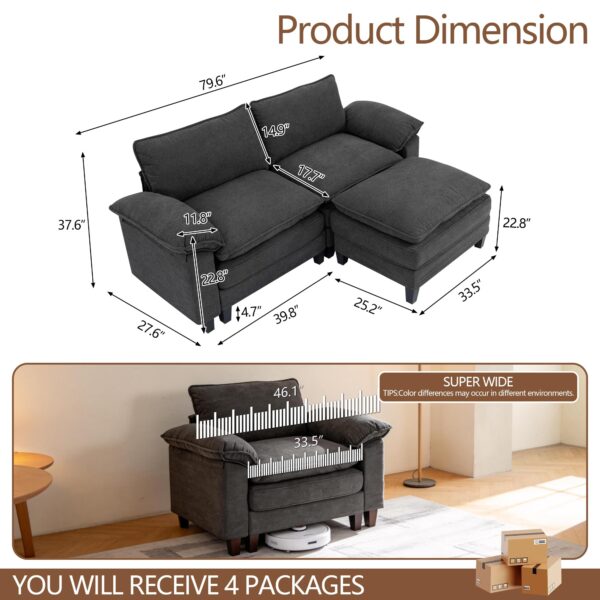 YI DANICA Modular Cloud Couch Sectional, Comfy Deep Seat Sectional Sofa with Moveable Ottoman, Over-Sized Modular Cloud Sofa, Cloud Couches for Living Room (Black, 2 Seater & 1 Ottoman)