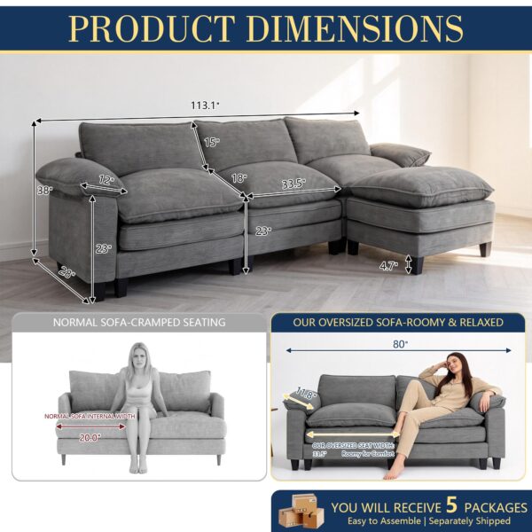 YI DANICA Modular Cloud Couch Sectional, Comfy Deep Seat Sectional Sofa with Moveable Ottoman, Over-Sized Modular Cloud Sofa, Cloud Couches for Living Room (Gray, 3 Seater & 1 Ottoman)
