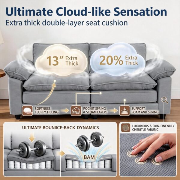 YI DANICA Modular Cloud Couch Sectional, Comfy Deep Seat Sectional Sofa with Moveable Ottoman, Over-Sized Modular Cloud Sofa, Cloud Couches for Living Room (Gray, 3 Seater & 1 Ottoman)