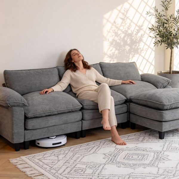 YI DANICA Modular Cloud Couch Sectional, Comfy Deep Seat Sectional Sofa with Moveable Ottoman, Over-Sized Modular Cloud Sofa, Cloud Couches for Living Room (Gray, 3 Seater & 1 Ottoman)