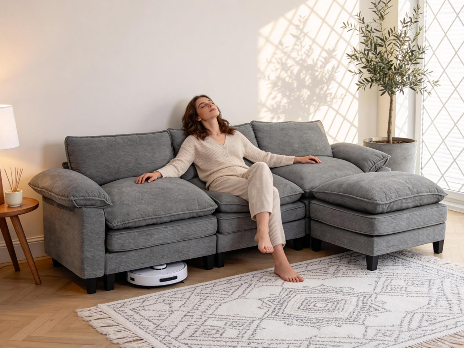 7012 灰301 YI DANICA Modular Cloud Couch Sectional, Comfy Deep Seat Sectional Sofa with Moveable Ottoman, Over-Sized Modular Cloud Sofa, Cloud Couches for Living Room (Gray, 3 Seater & 1 Ottoman) - Image 1