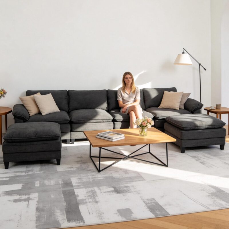 YI DANICA Modular Cloud Couch Sectional, Comfy Deep Seat Sectional Sofa with Moveable Ottoman, Over-Sized Modular Cloud Sofa, Cloud Couches for Living Room (Black, 4 Seater & 1 Ottoman) - Image 4