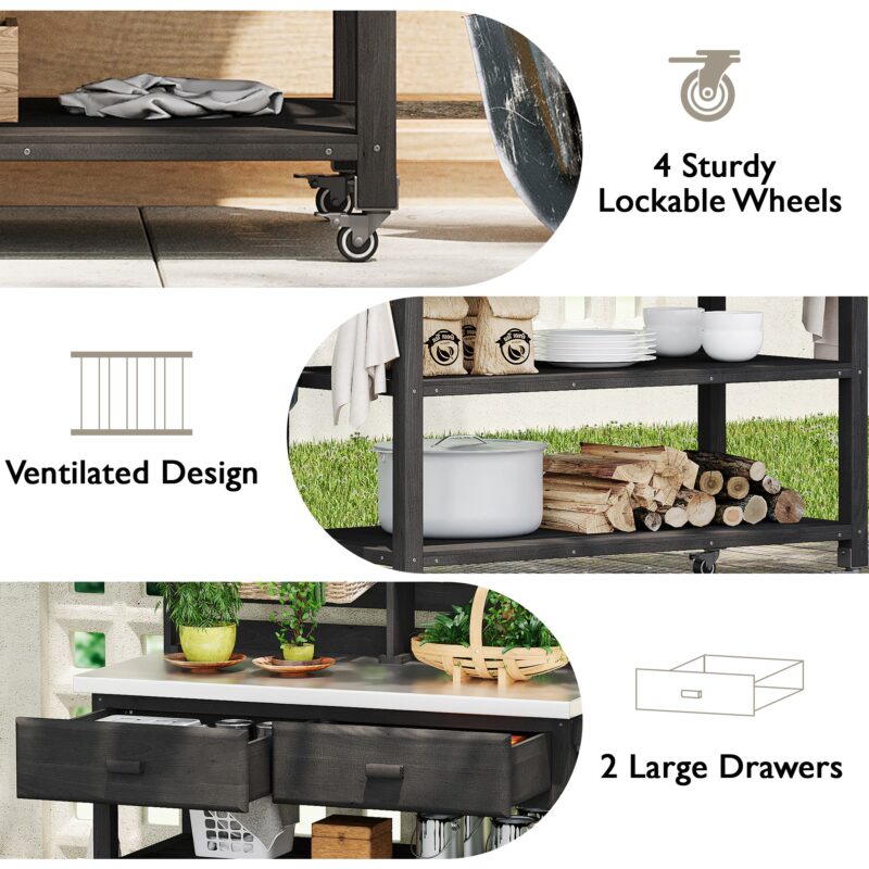 K&K 64.9"H Outdoor Potting Bench Table with Lockable Wheels, Solid Wood Outdoor Kitchen Island with Upper Hutch, Stainless Steel Top, Towel Rack ,Outdoor Storage for Grilling, Lawn Garden -Grey Blue - Image 26