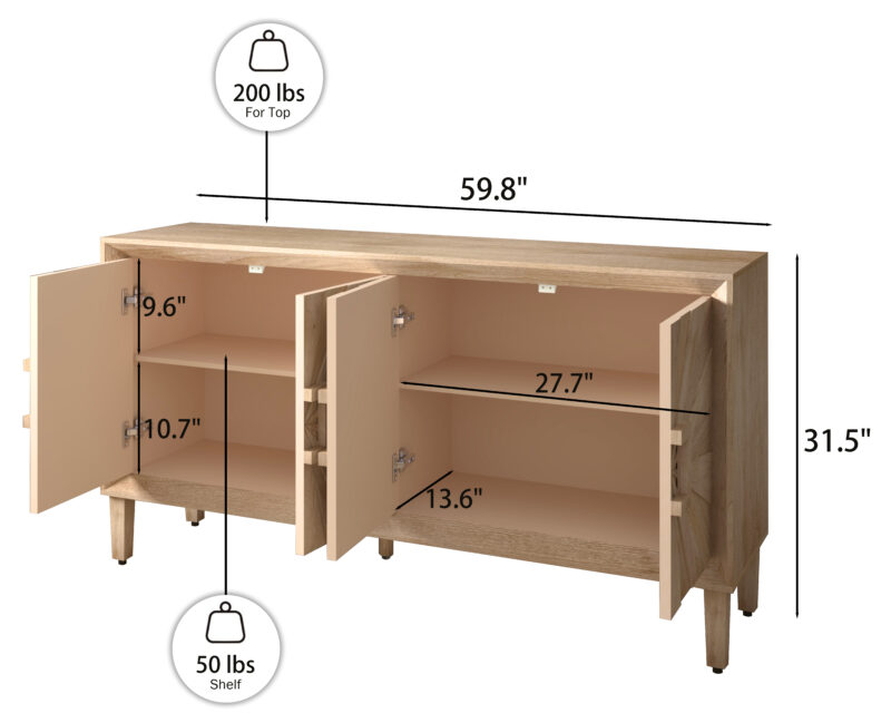 60" Premium Rustic American Farmhouse Credenza in Elegant Black - Symmetrical Sunburst Door Design, Heavy-Duty TV Stand with Adjustable Shelves, Black Wood Storage Cabinet - Image 7