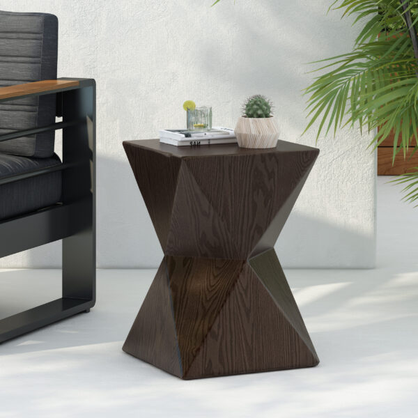 14.25" Black Prismatic Symmetry Concrete Side Table with Smooth Wood Grain Texture and Modern Prismatic Shape – Weather-Resistant Accent for Patio, Garden, or Balcony