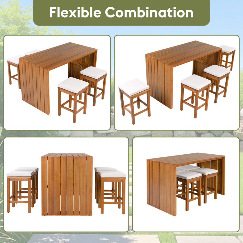 5 Piece Outdoor Bar Set, Patio Acacia Wood Bar Height Table & Four Stools with Cushions, Wood Dining Bar Set for Backyard, Poolside, Balcony, Beige Cushion and Natural Wood - Image 2