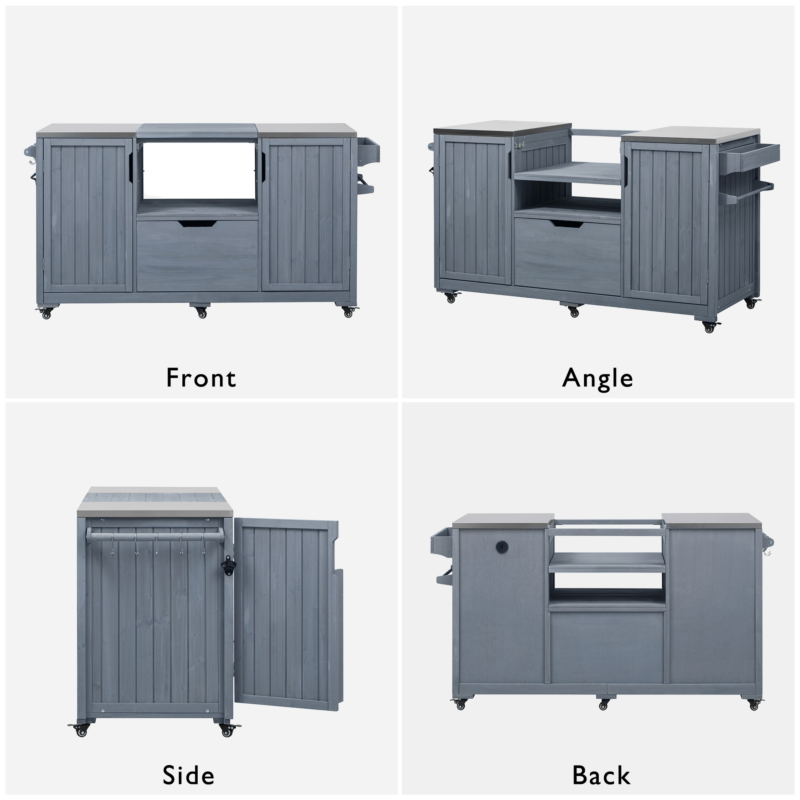 K&K 66.5" Outdoor Kitchen Island for Big Green Egg Grills, Solid Wood Outdoor Grill Cart for Tabletop Grill with Stainless Steel Top, Drawer, Compatible with Large Big Green Egg, Kamado Joe- Grey Blue - Image 9