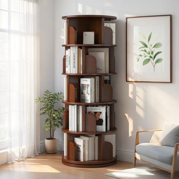 5 Tier Rotating Bookshelf, 360° Display Round Spinning Bookshelf, Space-Saving, Small Space Rotating Bookshelf Tower for Bedroom, Living Room, Home, Office, Wood Color