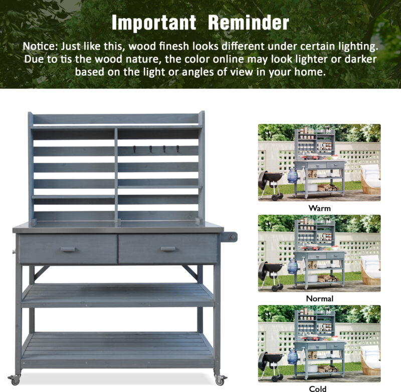 K&K 64.9"H Outdoor Potting Bench Table with Lockable Wheels, Solid Wood Outdoor Kitchen Island with Upper Hutch, Stainless Steel Top, Towel Rack ,Outdoor Storage for Grilling, Lawn Garden -Grey Blue - Image 10