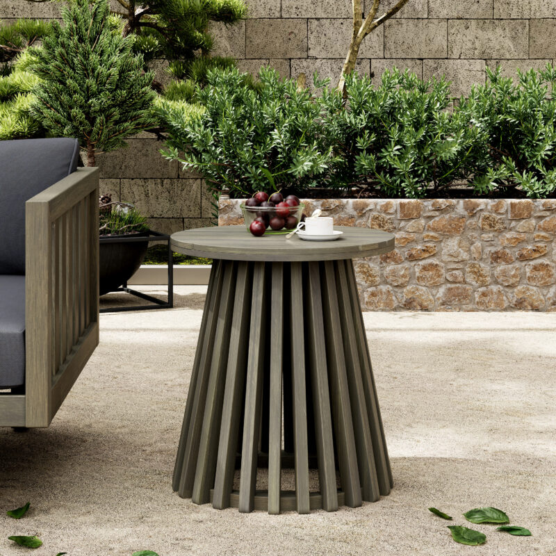 Outdoor Acacia Wood Patio Side Table, Round Coffee Table for Backyard, Lawn, Balcony,Grey Finish - Image 2