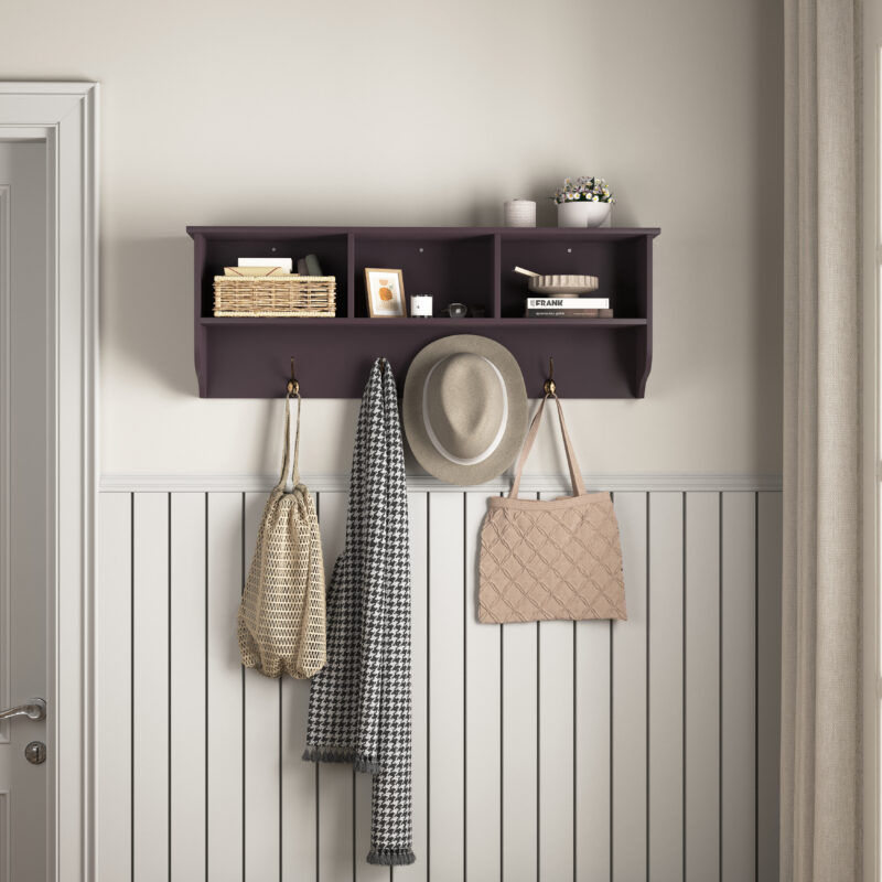 White Entryway Wall Mounted Coat Rack with 4 Dual Hooks Living Room Wooden Storage Shelf - Image 14