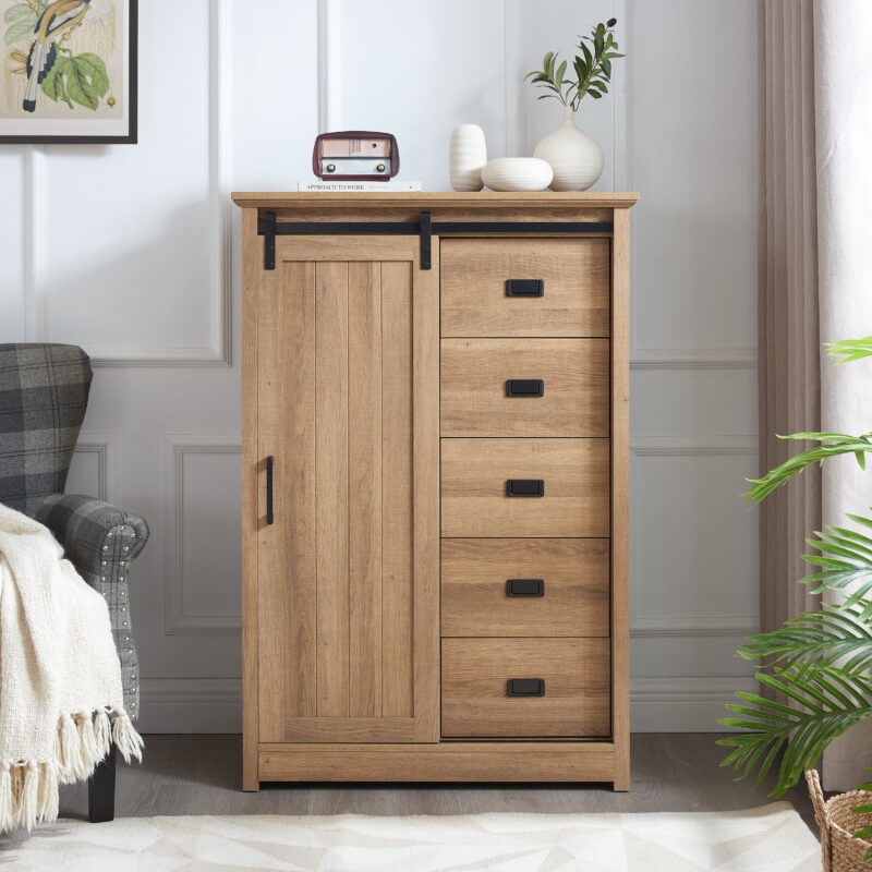 5 Drawers Dresser w/Sliding Barn Door, Farmhouse Modern Tall Dresser 5 Chest of Drawers, Storage Organizer Dresser for Bedroom, Hallway, Living Room, Kids Room WHITE - Image 7