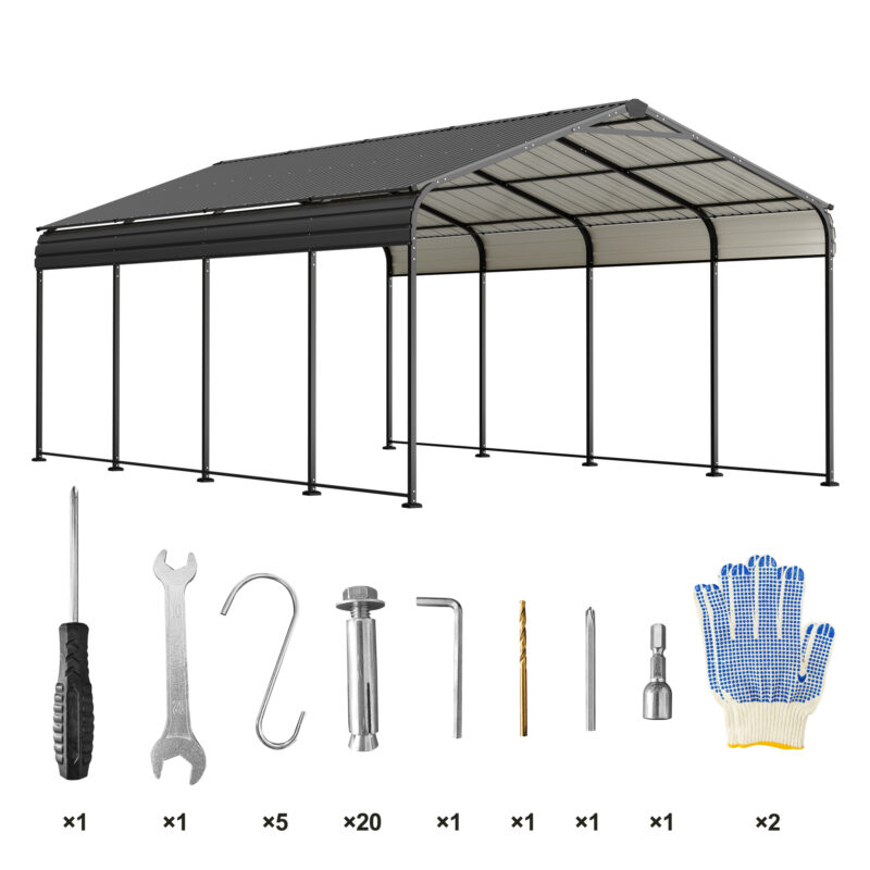 12X20 FT Metal Carport, Outdoor Car Shelter All Weather, Heavy Duty Outdoor Galvanized Car Shelter for Car Boat Truck and SUVs Black - Image 5