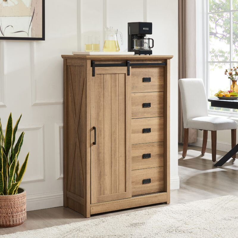 5 Drawers Dresser w/Sliding Barn Door, Farmhouse Modern Tall Dresser 5 Chest of Drawers, Storage Organizer Dresser for Bedroom, Hallway, Living Room, Kids Room WHITE - Image 5