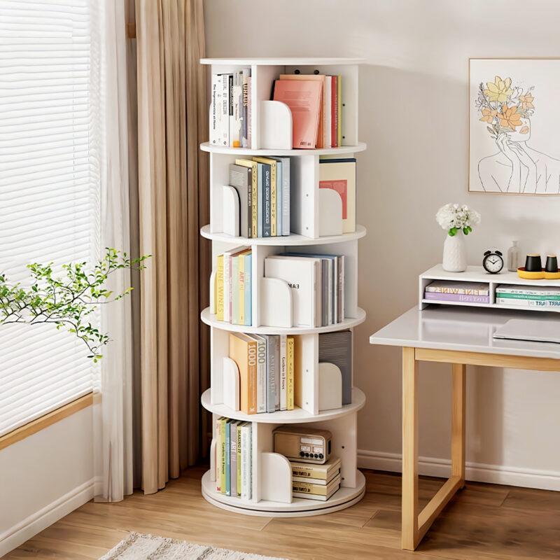 5 Tier Rotating Bookshelf, 360° Display Round Spinning Bookshelf, Space-Saving, Small Space Rotating Bookshelf Tower for Bedroom, Living Room, Home, Office, Wood Color - Image 14