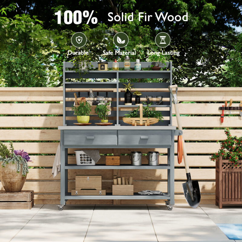 K&K 64.9"H Outdoor Potting Bench Table with Lockable Wheels, Solid Wood Outdoor Kitchen Island with Upper Hutch, Stainless Steel Top, Towel Rack ,Outdoor Storage for Grilling, Lawn Garden -Grey Blue - Image 9