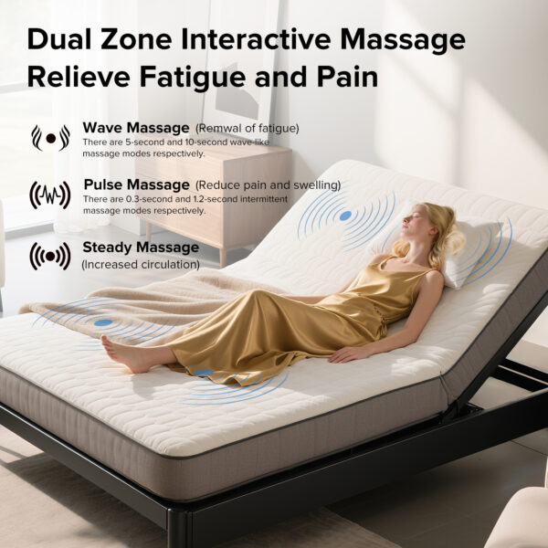 Adjustable Bed Frame with Massage Head & Foot Incline Queen Size Wireless Remote, two types of USB ports: Type-A and Type-C, LED Night Light, 4 Height-Adjustable Legs Easy assembly