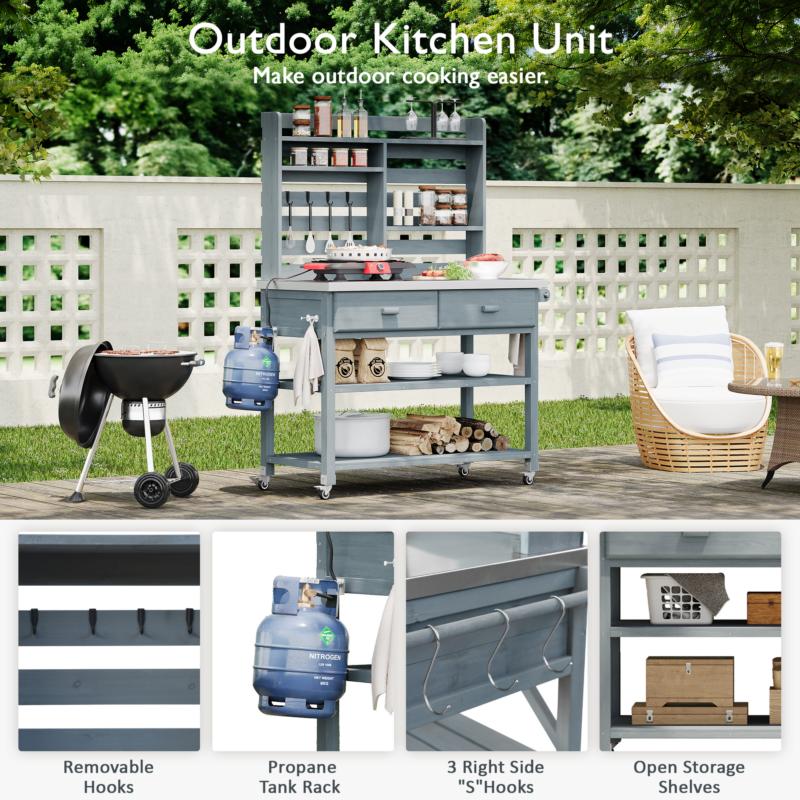 K&K 64.9"H Outdoor Potting Bench Table with Lockable Wheels, Solid Wood Outdoor Kitchen Island with Upper Hutch, Stainless Steel Top, Towel Rack ,Outdoor Storage for Grilling, Lawn Garden -Grey Blue - Image 5